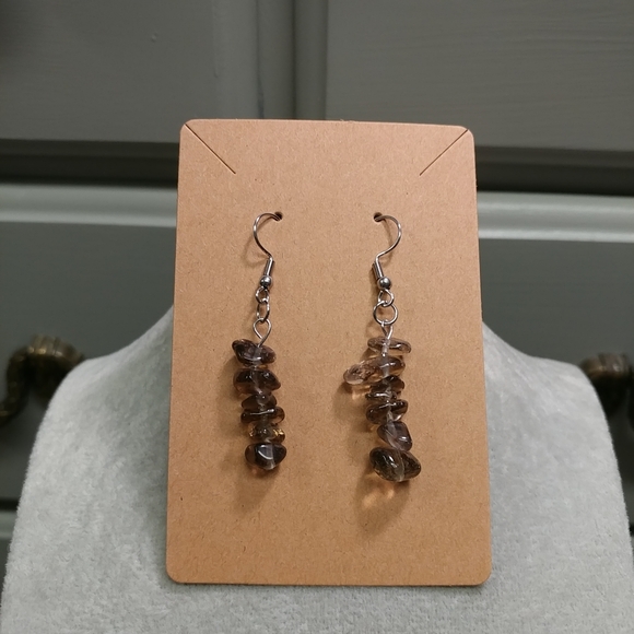 Smoky Quartz Earrings Natural Gemstone Crystal Bead Surgical Stainless-Steel - Picture 6 of 11